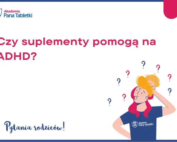 Rodzice zastanawiają się, czy suplementy pomogą na ADHD. Ilustracja przedstawia zamyśloną osobę z dzieckiem na ramionach, otoczoną znakami zapytania.