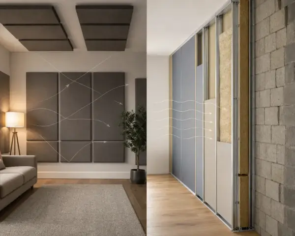 Differenza tra fonoassorbente e fonoisolante: pannelli a parete e soffitto assorbono il suono, mentre la struttura a muro blocca il rumore.