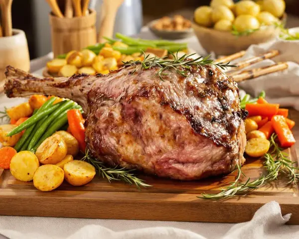 Gigot d'agneau cuisson lente 4 heures, rôti à la perfection, servi avec des pommes de terre rôties, des carottes et des haricots verts.