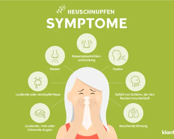 Symptome von Heuschnupfen: Niesen, laufende oder verstopfte Nase, juckende Augen, Husten, Halsschmerzen und keuchende Atmung.