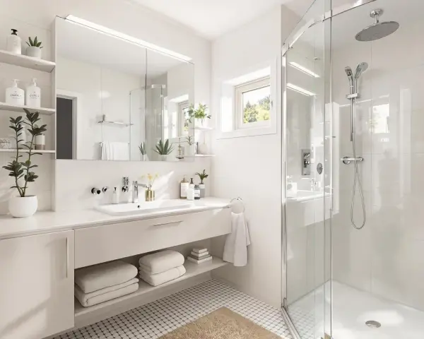 Une petite salle de bain moderne et lumineuse avec une douche vitrée, un lavabo suspendu et des étagères remplies de plantes et de produits de soin.