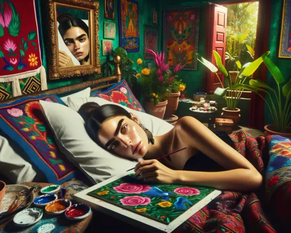 Frida Kahlo, dans son atelier coloré, peint son premier autoportrait, entourée de plantes et de textiles vibrants.
