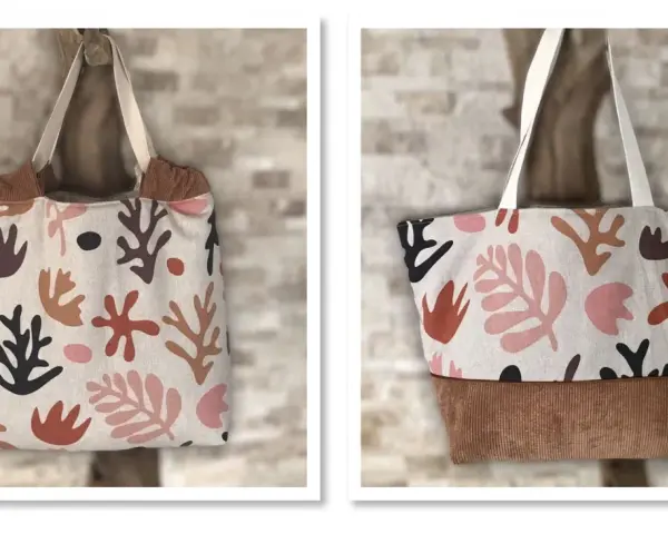 Tuto couture sac velours : deux sacs cabas en tissu imprimé abstrait, avec une bande de velours côtelé marron.