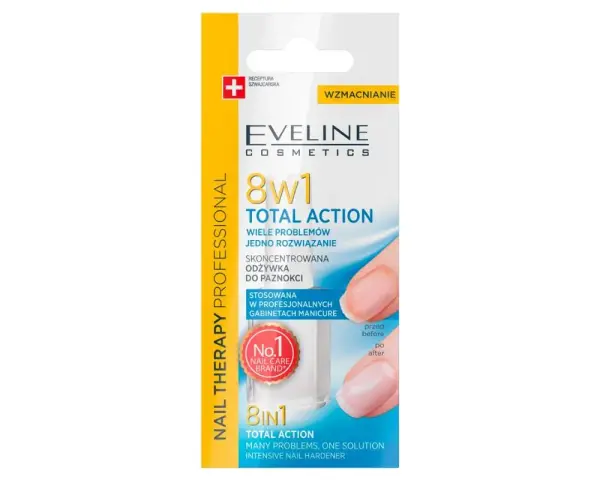 Eveline 8w1 Total Action – najlepsza odżywka do paznokci po hybrydzie. Wzmacnia i regeneruje, przywracając im zdrowy wygląd.