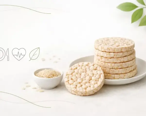 Stos wafli ryżowych z miseczką ryżu. Idealne na zdrową przekąskę, niskokaloryczne wafle ryżowe kcal.