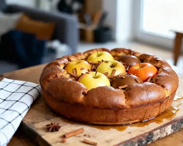 Une délicieuse flognarde aux pommes, dorée et garnie de fruits frais et de bâtons de cannelle, prête à être dégustée.