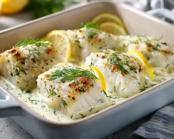 Ugnsbakad torskrygg i krämig sås med citron och dill. En härlig rätt som passar perfekt till middagen.