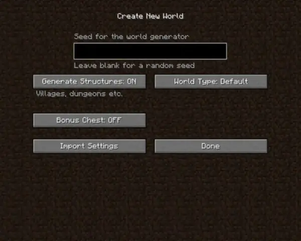Pantalla de creación de mundo en Minecraft. Introduce tus semillas de Minecraft favoritas o deja en blanco para una aleatoria.