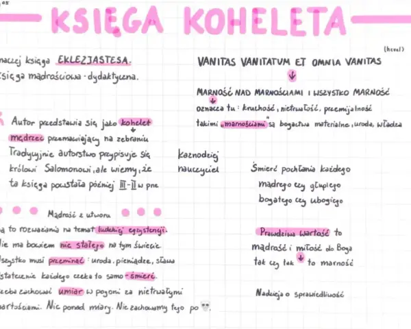 Księga Koheleta streszczenie: mądrość, przemijanie, marność dóbr i władzy, śmierć czeka każdego. Wartość to mądrość i miłość do Boga.