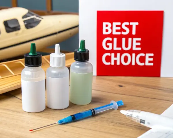 Three bottles of model glue and a syringe sit on a wooden surface next to model airplanes. A red sign reads "BEST GLUE CHOICE.