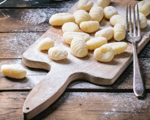 Gnocchi fatti in casa su tagliere di legno, spolverati di farina. L'impasto gnocchi troppo appiccicoso ha reso la preparazione un po' complicata, ma il risultato è invitante.