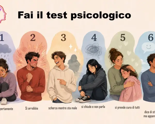 Illustrazione che mostra diverse reazioni emotive, da piangere a scherzare, utili per un test sulla depressione.