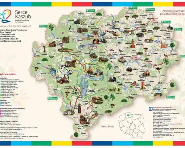Mapa pokazuje gdzie są Kaszuby, z zaznaczonymi szlakami rowerowymi, kajakowymi i pieszymi.