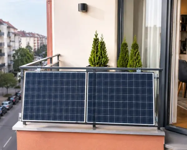 Mini elektrownia słoneczna na balkonie, z widokiem na ulicę i kamienice. Dwa panele fotowoltaiczne łapią promienie słońca.