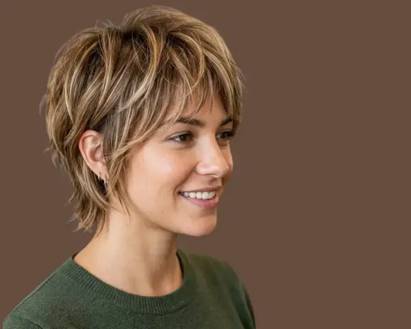 Donna con capelli scalati biondi, un taglio moderno che anticipa i tagli capelli 2025 medi. Sorriso radioso su sfondo marrone.