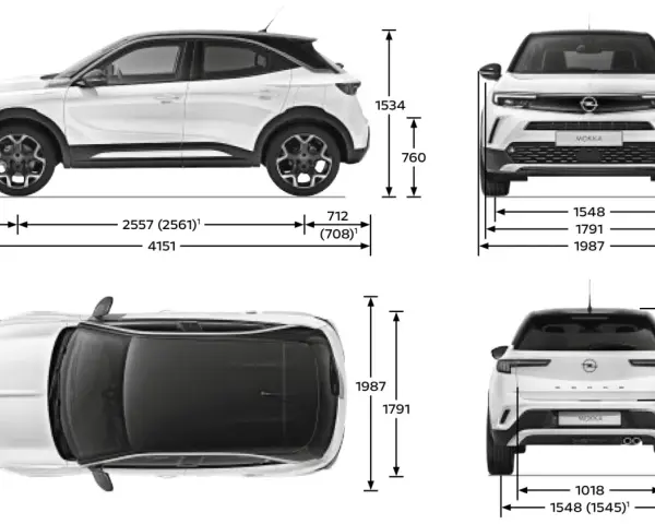 Opel Mokka wymiary: długość 4151 mm, szerokość 1791 mm, wysokość 1534 mm. Kompaktowy SUV z wyraźnymi proporcjami.