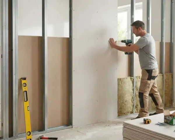 Un homme utilise une perceuse pour monter une cloison en placo sur une structure métallique. Des matériaux d'isolation sont visibles.