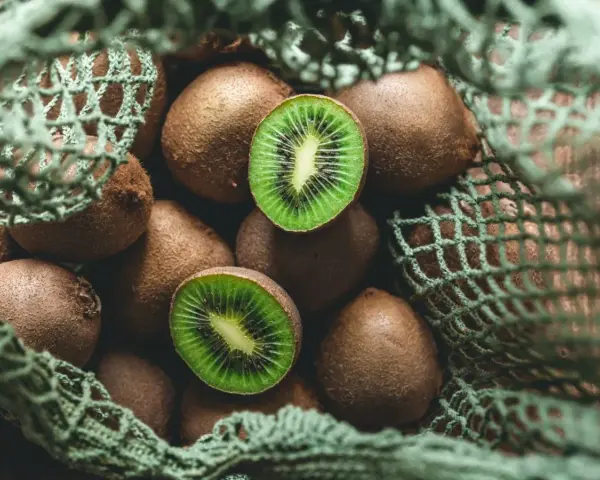 Kiwi freschi in una retina verde, pronti per essere gustati. Un'immagine che evoca il momento quando si raccolgono i kiwi.