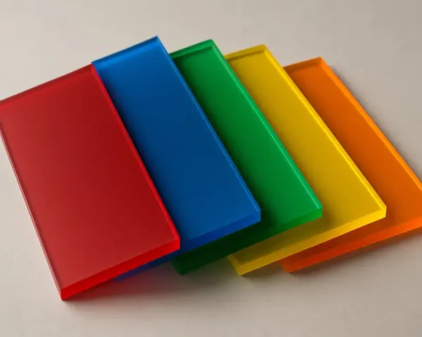 Five colored acrylic sheets (red, blue, green, yellow, orange) arranged in a row, demonstrating how to layer resin without lines for a smooth, vibrant finish.