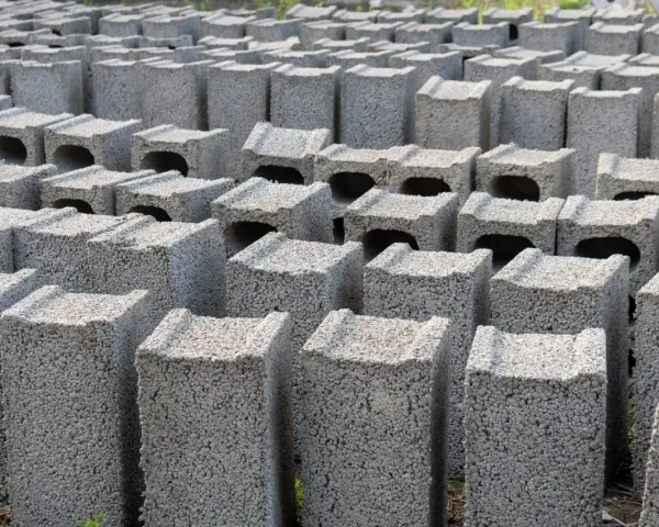Rzędy betonowych bloczków, gotowych na fundamenty. Wybór między bloczkami z betonu a wylewanymi fundamentami jest kluczowy dla trwałości budowli.