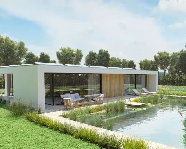 Moderna casa con piscina naturale e arredi da esterno, un esempio di progettazione giardini che integra architettura e natura.