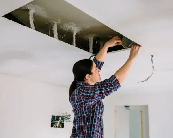 Kobieta pracuje przy suficie podwieszanym, sprawdzając rozstaw profili i instalację elektryczną.