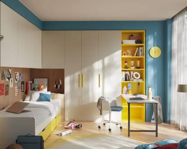 Arredare camerette piccole con soluzioni salvaspazio: letto con cassetti, scrivania, libreria gialla e armadio a muro.