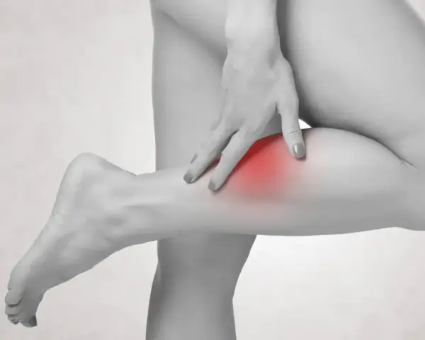 Frau tastet schmerzendes Bein ab, ein roter Fleck deutet auf einen möglichen Thrombose-Test hin.