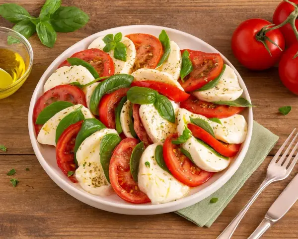 Ein klassisches Caprese Rezept: Scheiben von Tomaten, Mozzarella und frischem Basilikum, beträufelt mit Olivenöl.
