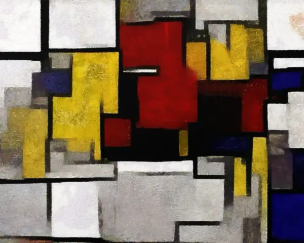 Abstrakcja w stylu Piet Mondrian: geometryczne bloki czerwieni, żółci, błękitu i bieli, połączone czarnymi liniami.