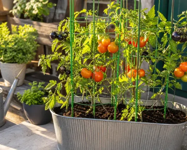 Reife Tomatenpflanzen im Topf, mit roten und schwarzen Früchten, gestützt von grünen Rankgittern.