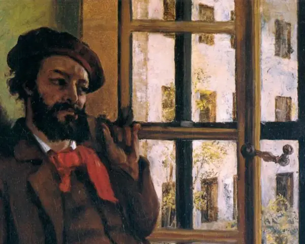 Peinture réaliste d'un homme à la barbe noire, portant un béret et une écharpe rouge, regardant par une fenêtre.
