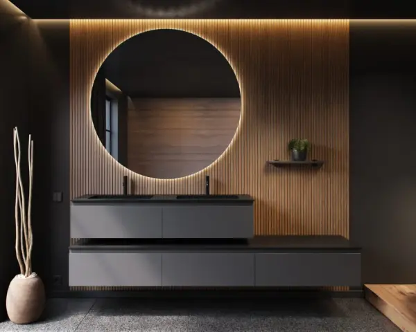 Élégante salle de bain style japonais avec double vasque, miroir rond lumineux et boiseries chaleureuses.