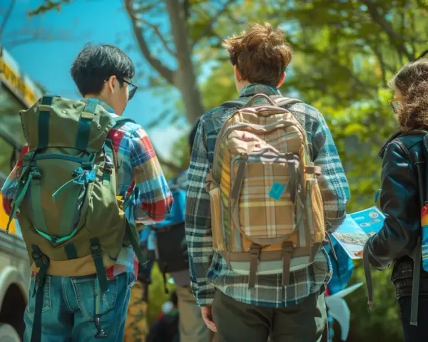 Trois jeunes avec des sacs à dos près d'un bus, prêts pour leur voyage scolaire. L'aide financière pour voyage scolaire rend ces aventures possibles.