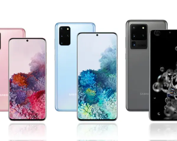 Różowy Samsung S20 i inne modele w różnych kolorach, prezentujące swoje ekrany z kolorowymi tapetami.