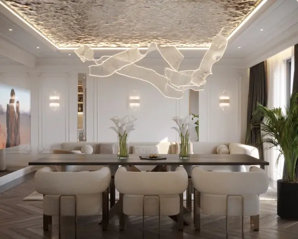 Nowoczesny salon z designerskim sufitem napinanym. Wady? Brak! Tylko elegancja i światło.