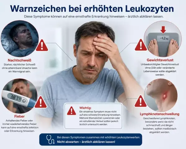 Warnzeichen bei erhöhten Leukozyten: Nachtschweiß, Fieber, Gewichtsverlust, Lymphknotenschwellung. Bei diesen Symptomen ärztlich abklären lassen!