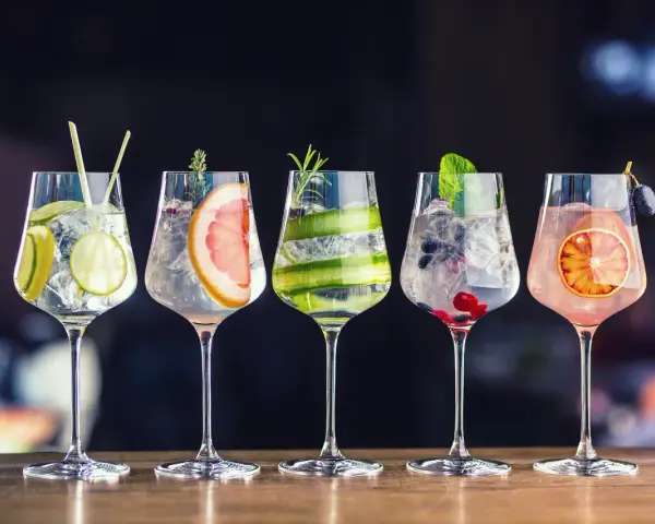 Pięć drinków z ginem, np. gin lubelski czy Seagram’s, z owocami i ziołami. Idealne do domowych drinków.