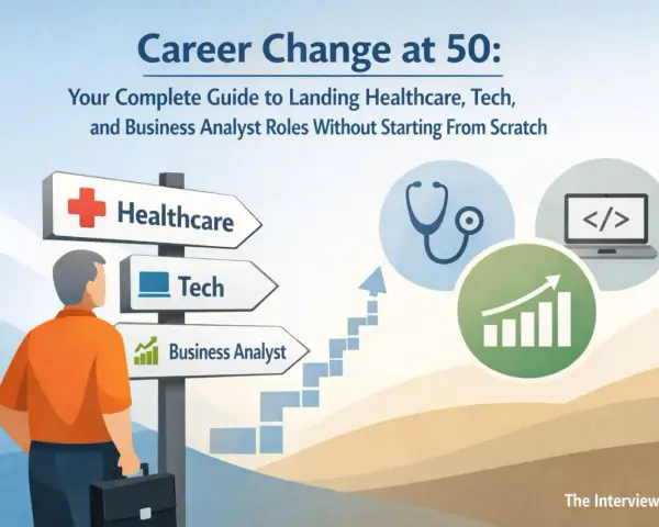 Uomo guarda cartello con direzioni: Healthcare, Tech, Business Analyst. Offerte di lavoro dopo i 50 anni in questi settori.