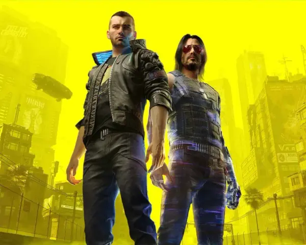 Dwóch mężczyzn w neonowym mieście, symbolizujących drogę do zdobycia platyny w Cyberpunk 2077.
