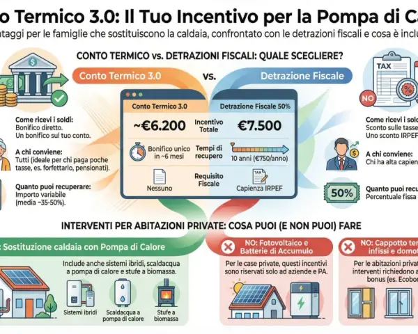 Confronto tra Conto Termico 3.0 e detrazioni fiscali per la sostituzione della caldaia. Il Conto Termico offre un bonifico diretto, ideale per chi paga poche tasse, mentre le detrazioni fiscali prevedono uno sconto IRPEF.