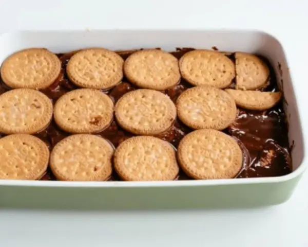 Una tarta de la abuela en preparación, con galletas redondas cubriendo una capa de chocolate en un recipiente blanco.