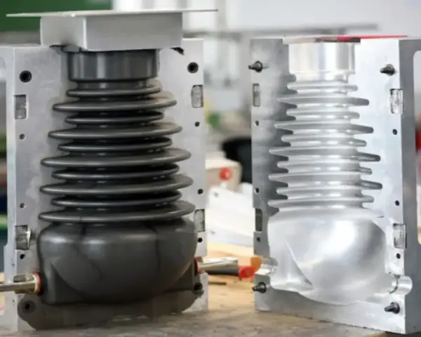 Two halves of a mold for compression molding products, one showing a black bellows-like component, the other an empty cavity.