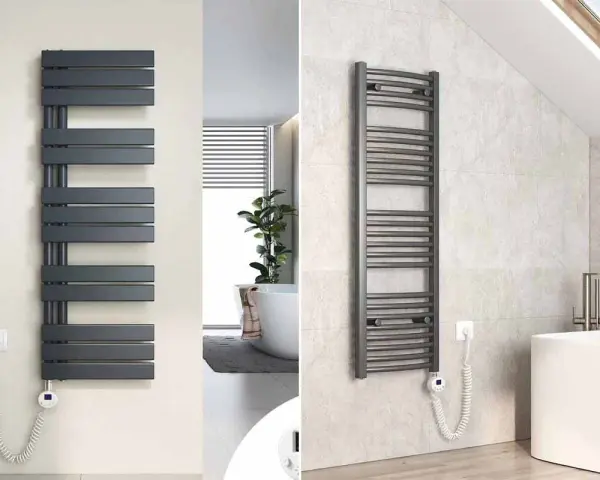 Deux sèche-serviettes modernes, un design rectiligne et un design incurvé, pour vous aider à choisir comment choisir son sèche-serviette.