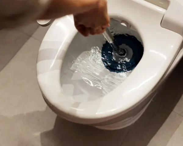 En hand använder en blå sugpropp för att försöka lösa ett stopp i toaletten. Hoppas det inte blir en dyr historia!