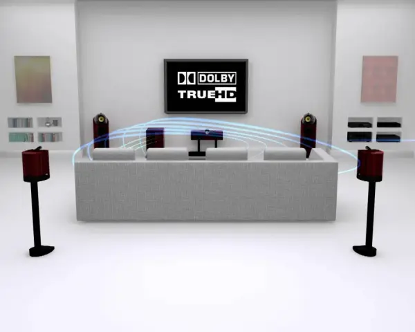 Nowoczesny salon z systemem kina domowego, gdzie fale dźwiękowe symbolizują jakość **Dolby TrueHD**.