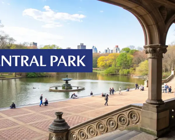 Central Park w Nowym Jorku, z fontanną i ludźmi spacerującymi nad jeziorem.