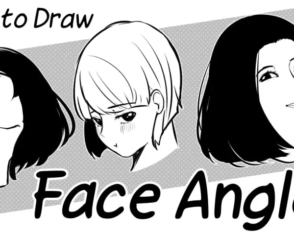 Trois dessins de visage 3/4, montrant différentes expressions et angles, avec le texte "Face Angles".