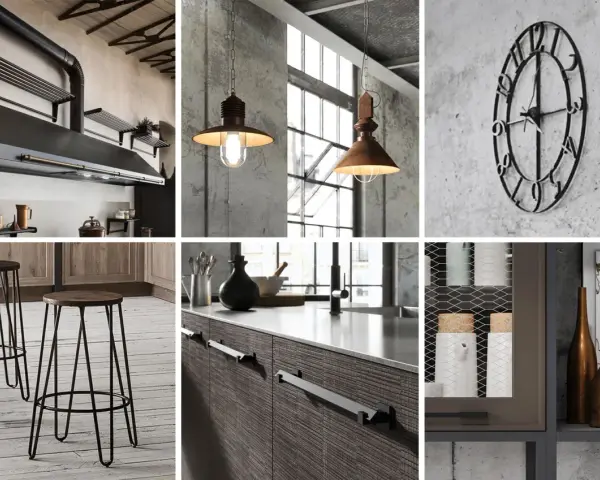 Cucina con cappa in metallo, lampade a sospensione, orologio da parete e sgabelli. Stile industrial chic moderno.