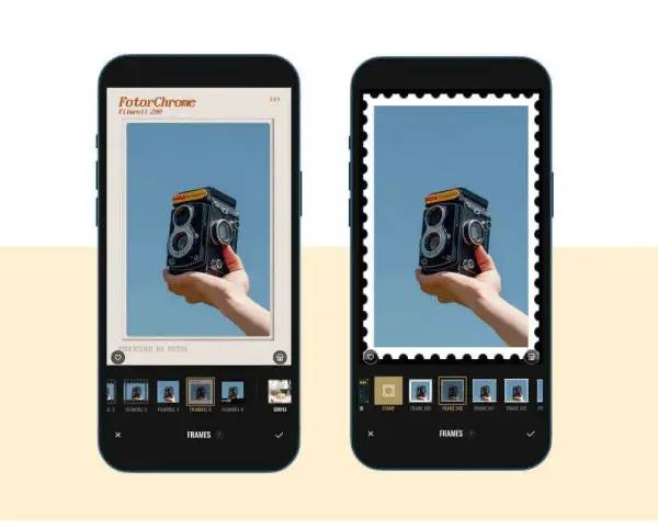 Deux écrans de smartphone montrant comment ajouter une bordure à une photo. L'un avec un cadre vintage, l'autre avec un cadre de timbre-poste.
